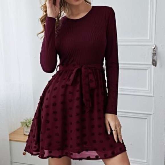 Burgundy Long Sleeve Textured Chiffon Skirt Belted Dress – Size S - Picture 1 of 14